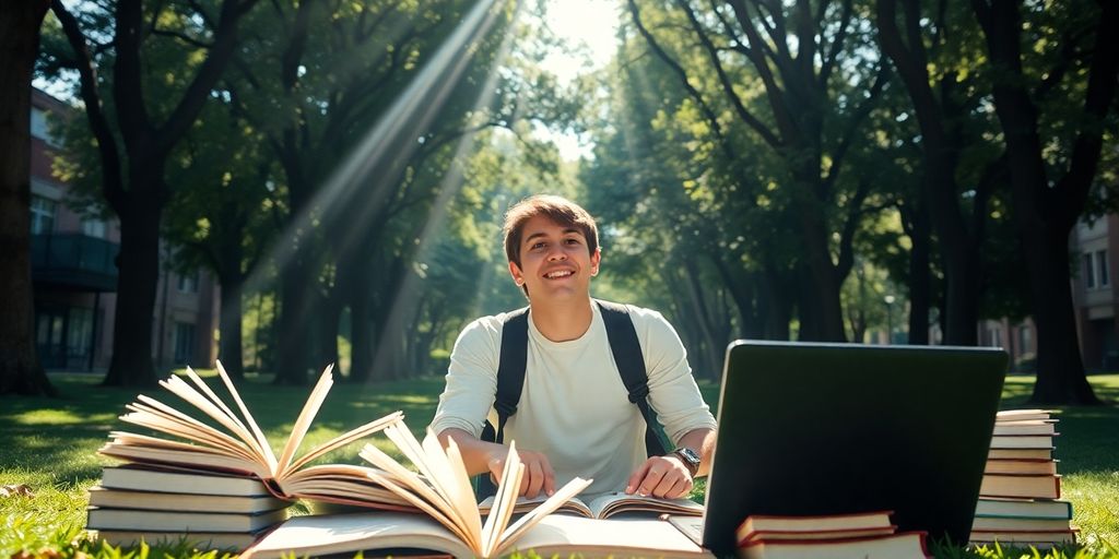 University student in a vibrant campus setting with books.