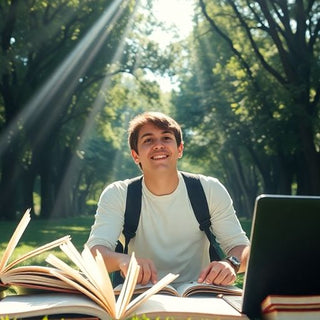 University student in a vibrant campus setting with books.