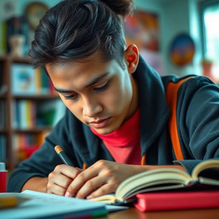 University student writing in a vibrant study environment.