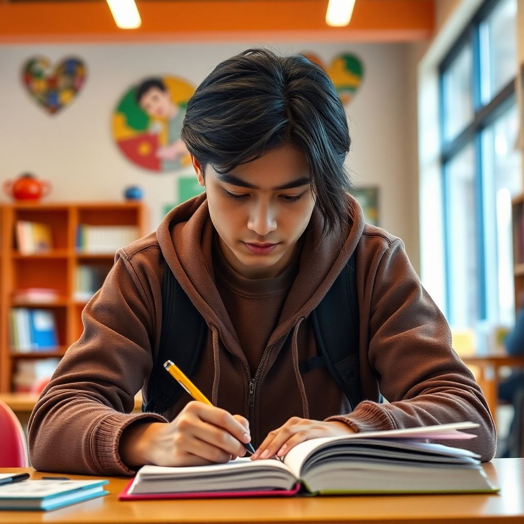 University student writing in a vibrant study environment.