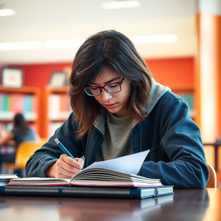 University student writing in a vibrant study space.