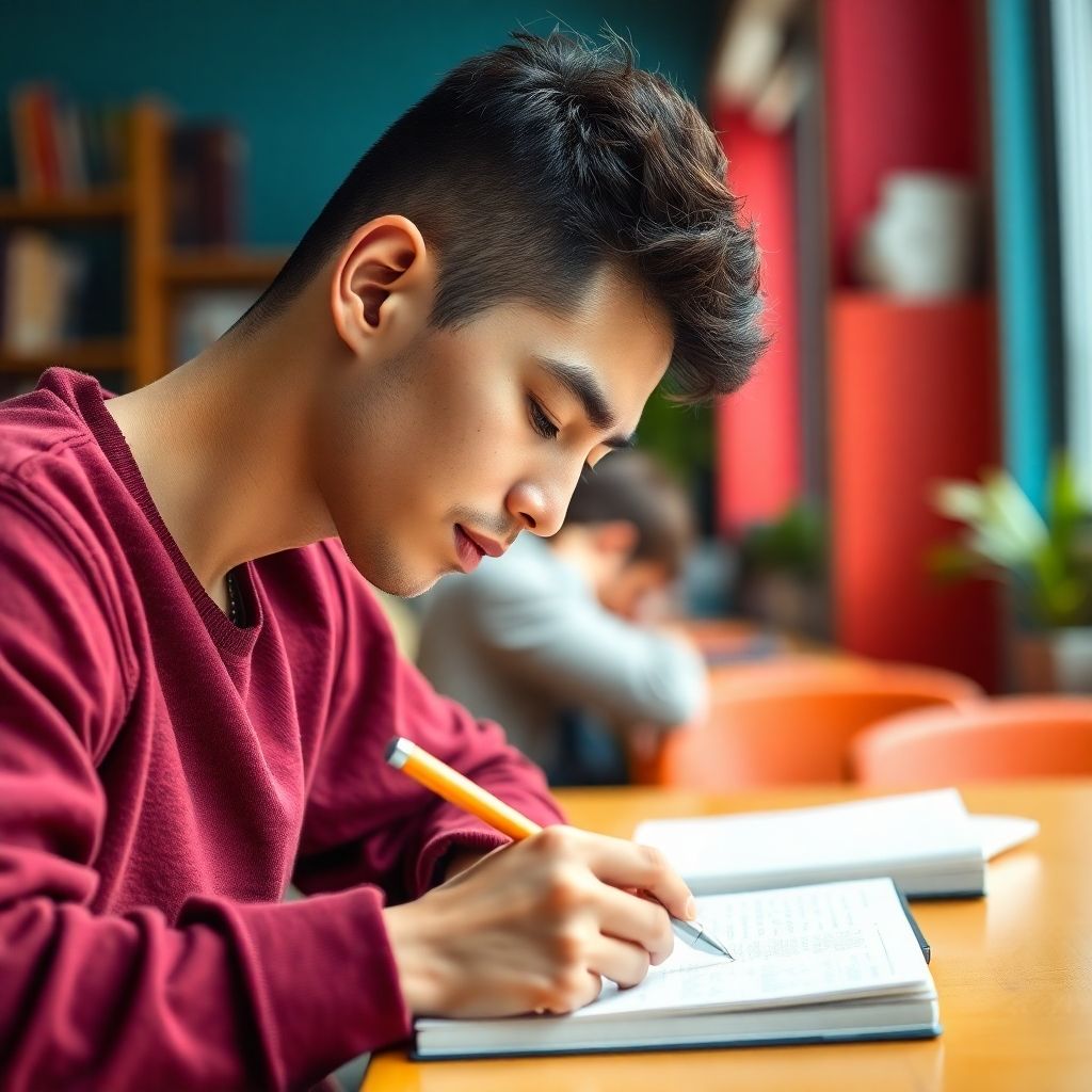 University student writing in a colorful study environment.