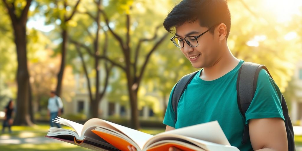 University student studying in a vibrant campus environment.