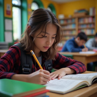 Estudante universitário escrevendo em um ambiente colorido.