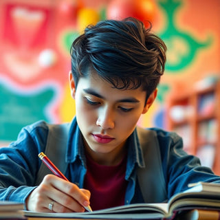 University student writing in a colorful study environment.