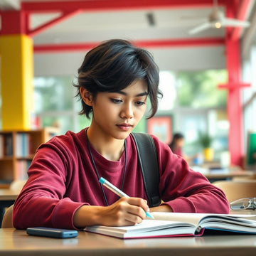 University student writing in a vibrant study environment.