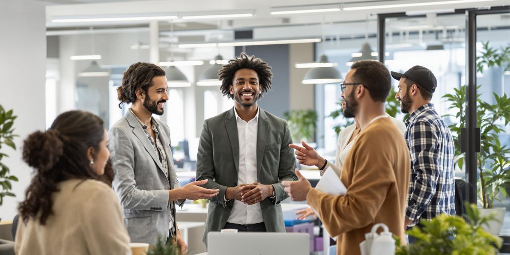Diverse team collaborating in a modern office space.