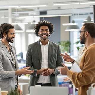 Diverse team collaborating in a modern office space.