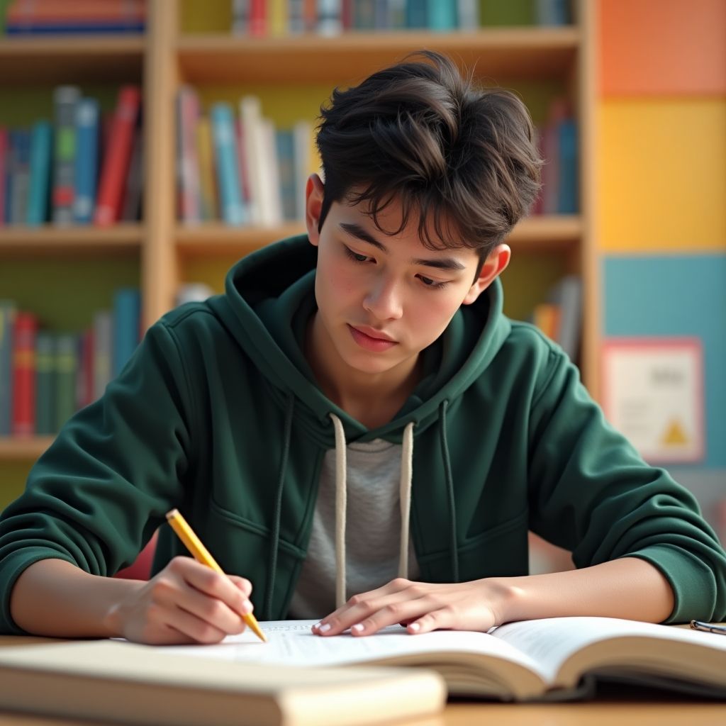 University student writing in a colorful study space.