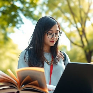 University student in a vibrant campus environment with books.