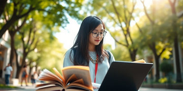 University student in a vibrant campus environment with books.