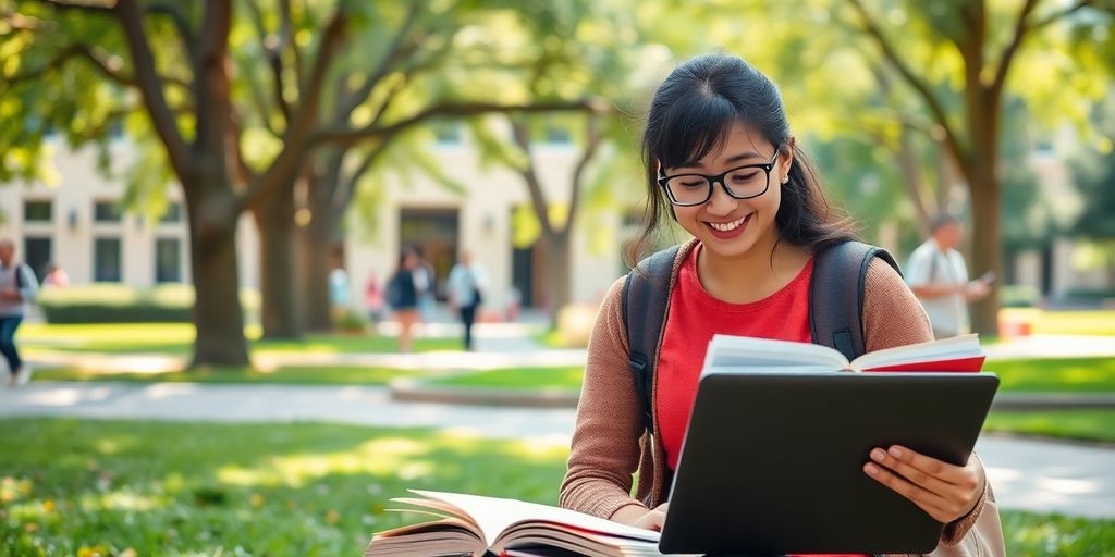 University student studying surrounded by a lively campus.