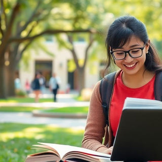 University student studying surrounded by a lively campus.