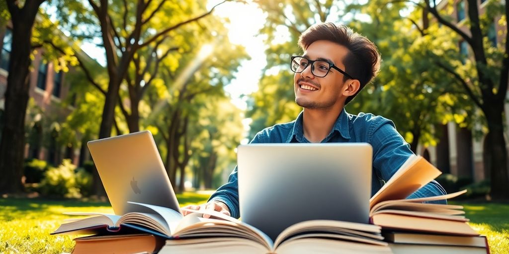 University student in a vibrant campus with books and laptop.