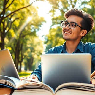 University student in a vibrant campus with books and laptop.