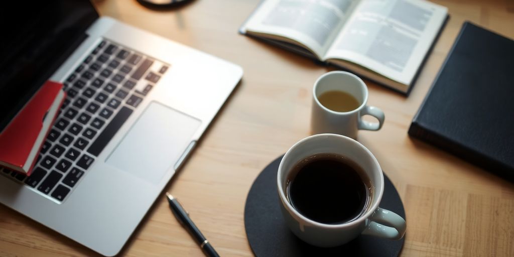 Inspiring writing workspace with laptop, books, and coffee.
