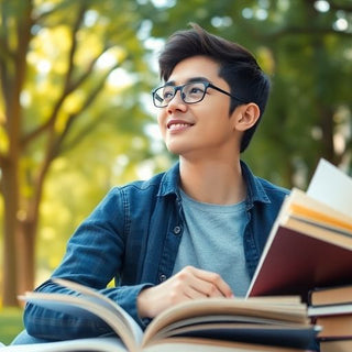 University student in a vibrant campus setting with books.