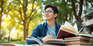 University student in a vibrant campus setting with books.