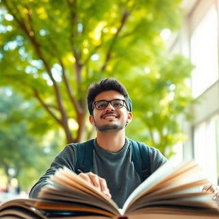 University student studying in a lively campus environment.