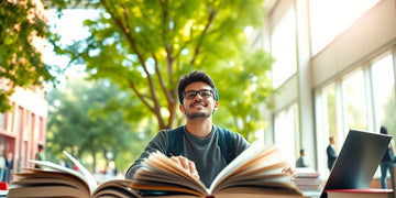 University student studying in a lively campus environment.