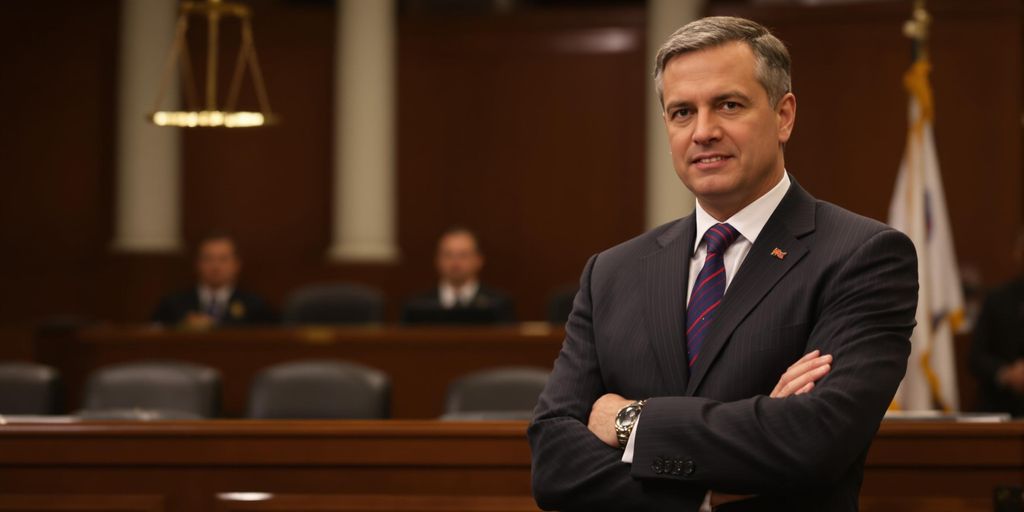 Lawyer in courtroom ready to present a case.