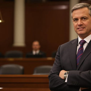 Lawyer in courtroom ready to present a case.