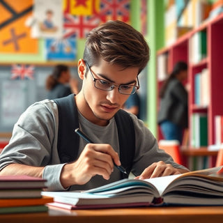 University student writing in a vibrant study environment.