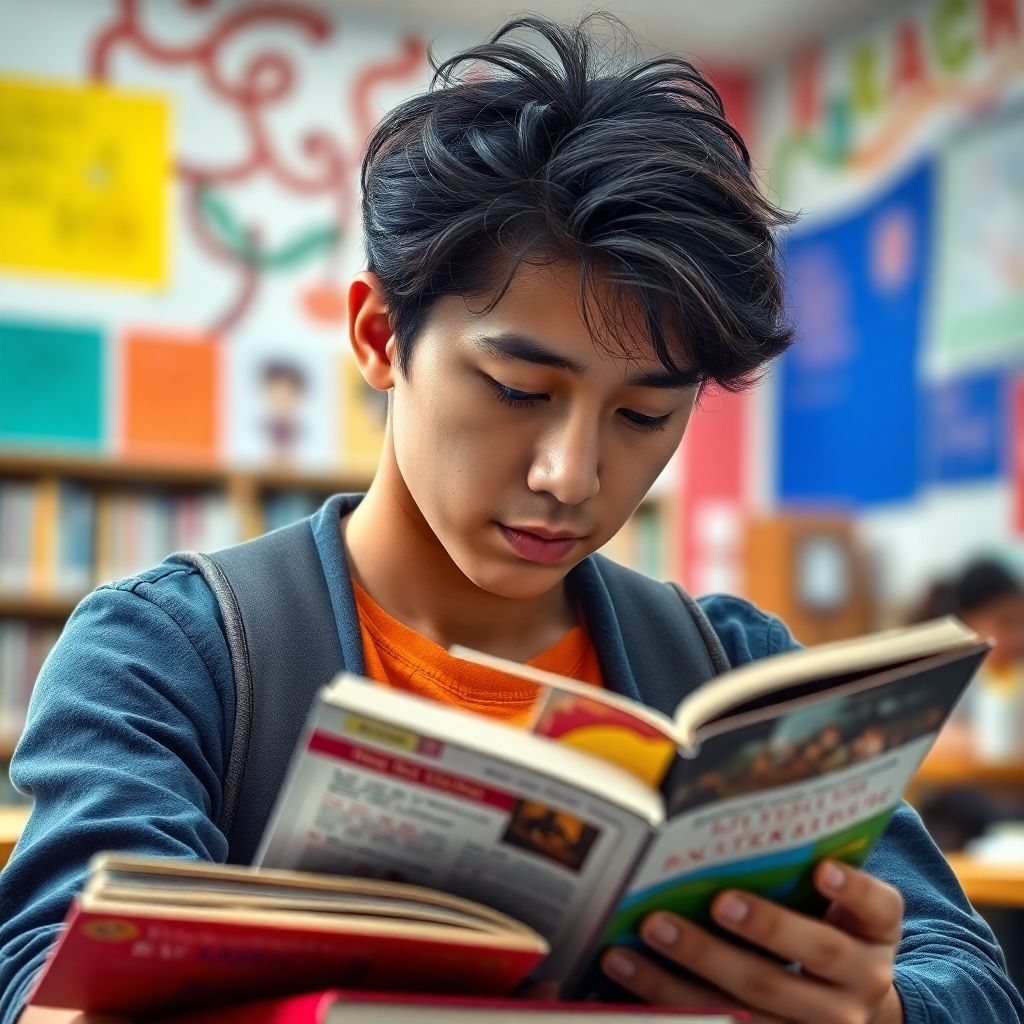 University student reading in a vibrant study environment.