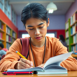 University student writing in a vibrant study environment.