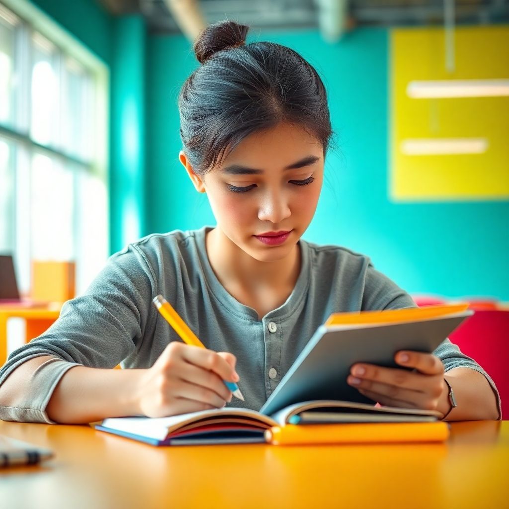 University student writing in a vibrant study space.