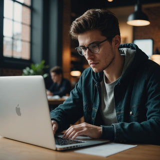 Student focused on laptop with thesis documents nearby