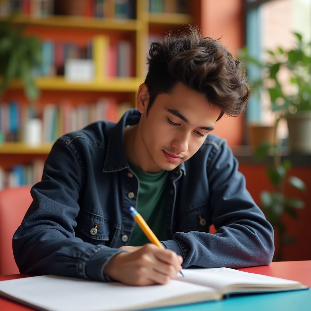 University student writing in a vibrant study environment.