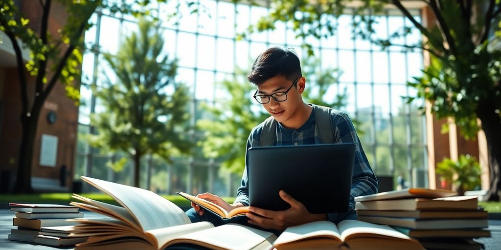 University student enjoying campus life with books and laptop.