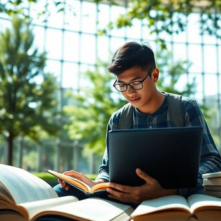 University student enjoying campus life with books and laptop.