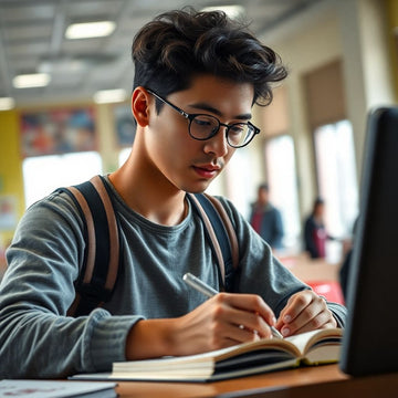 Estudante universitário escrevendo em um ambiente colorido.