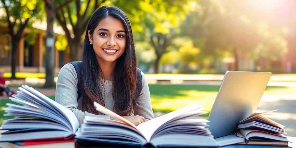 Estudiante universitario en un ambiente de campus vibrante.