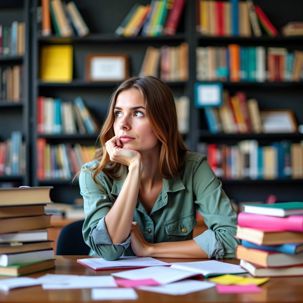 Estudiante contemplando la pregunta de tesis con materiales coloridos.