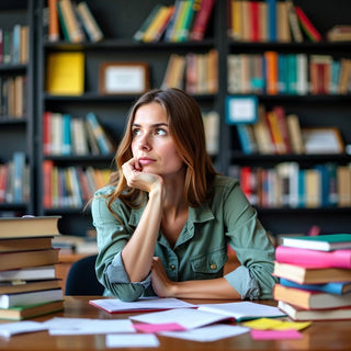 Estudiante contemplando la pregunta de tesis con materiales coloridos.