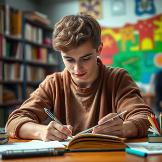 Estudiante universitario escribiendo en un entorno colorido.