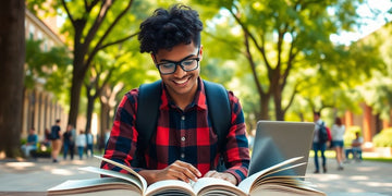 Estudiante universitario en un campus vibrante y sereno.