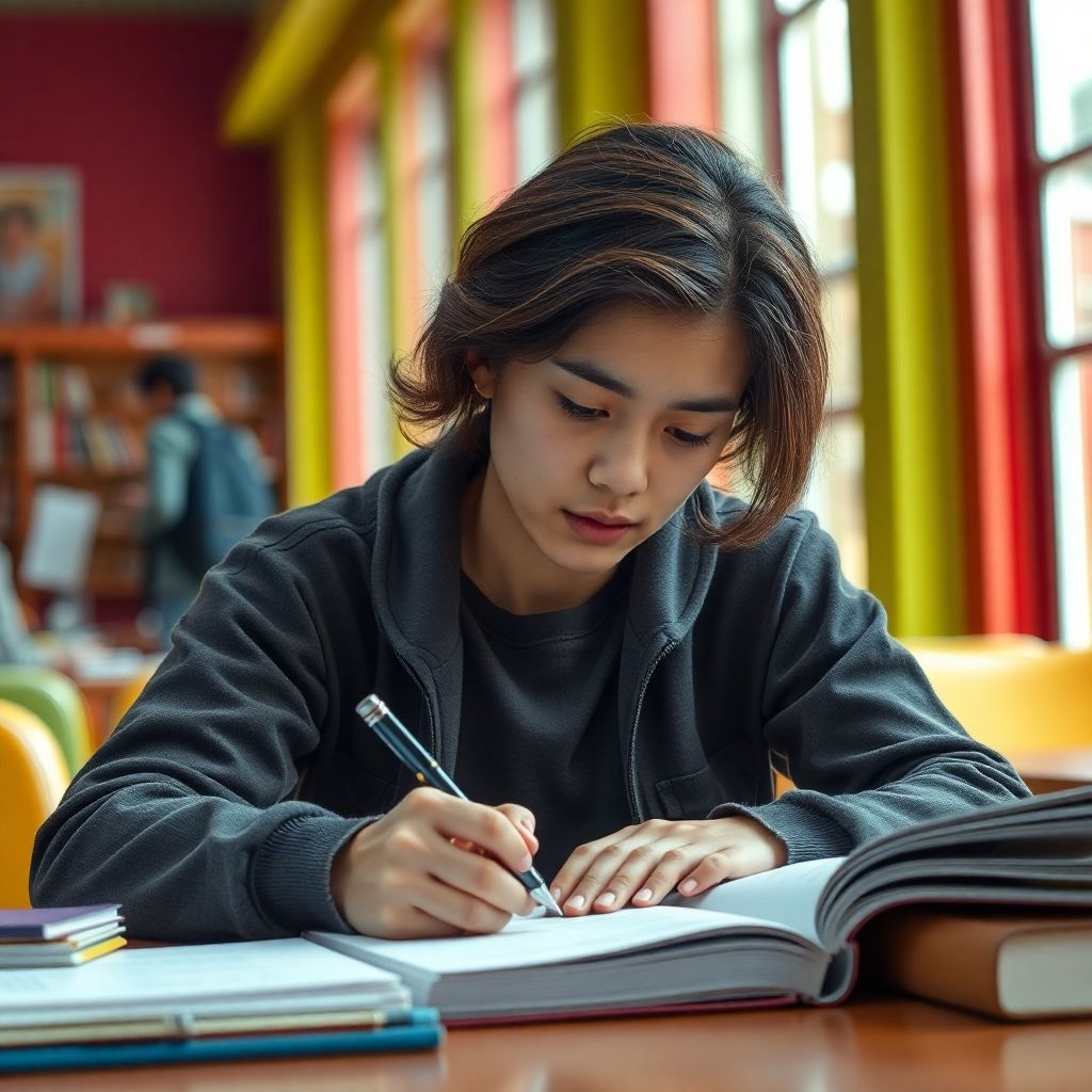 Estudiante universitario escribiendo en un entorno colorido.