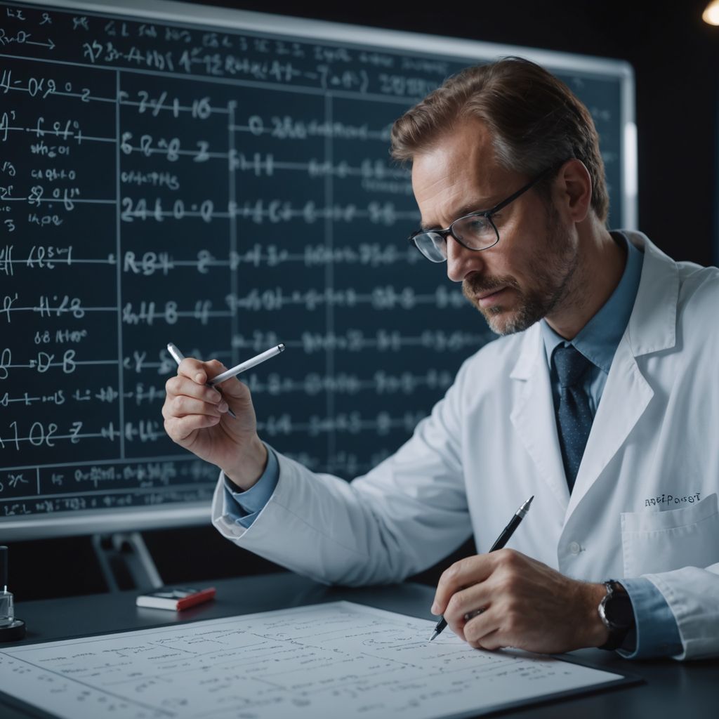 Scientist formulating hypothesis on a clear board with formulas