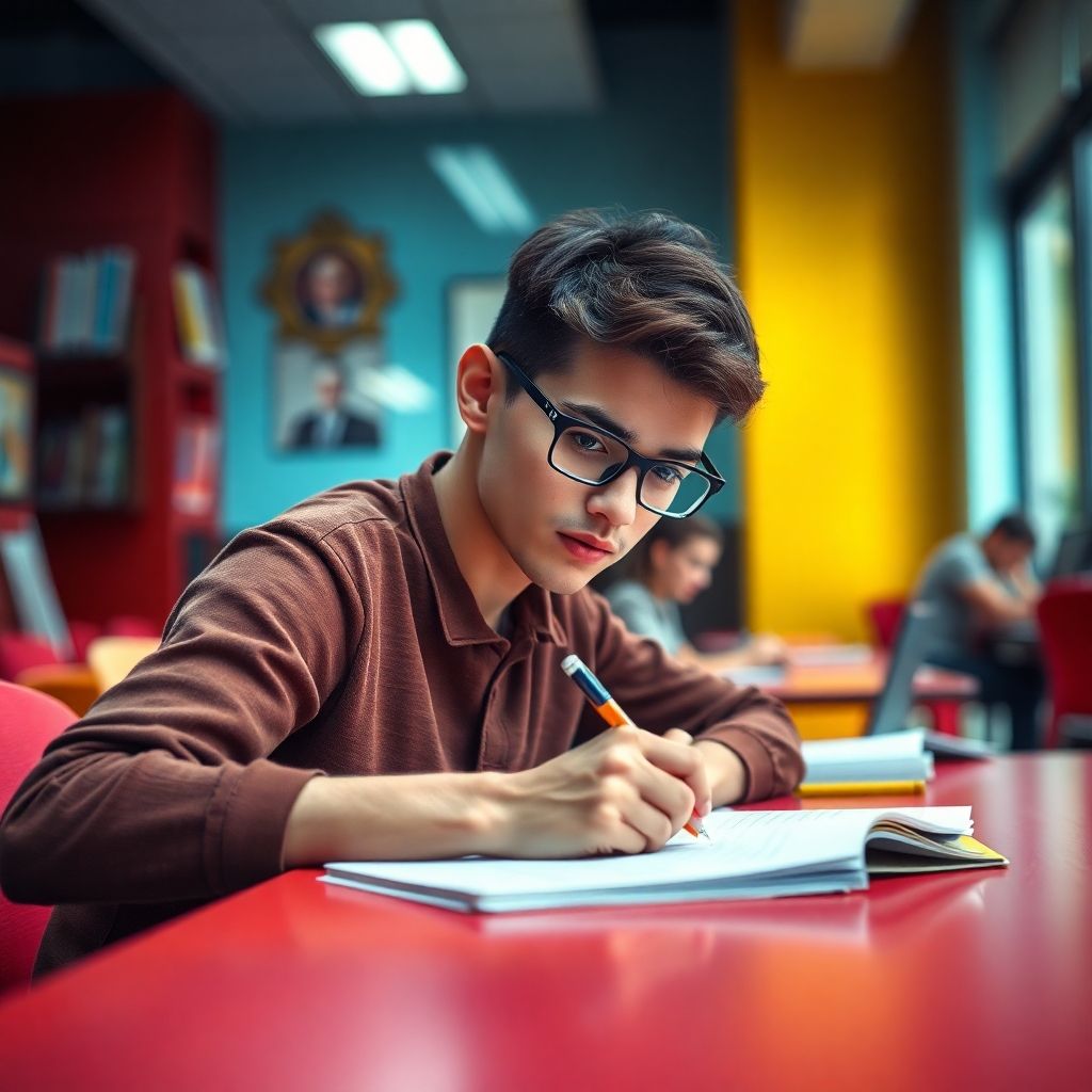 Étudiant universitaire écrivant dans un environnement coloré.