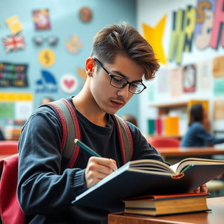 University student writing in a vibrant study environment.