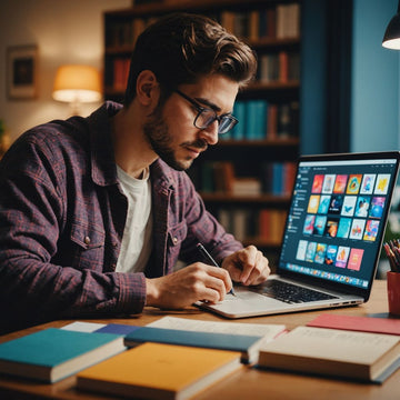 Estudiante redactando tesis en escritorio con laptop y libros