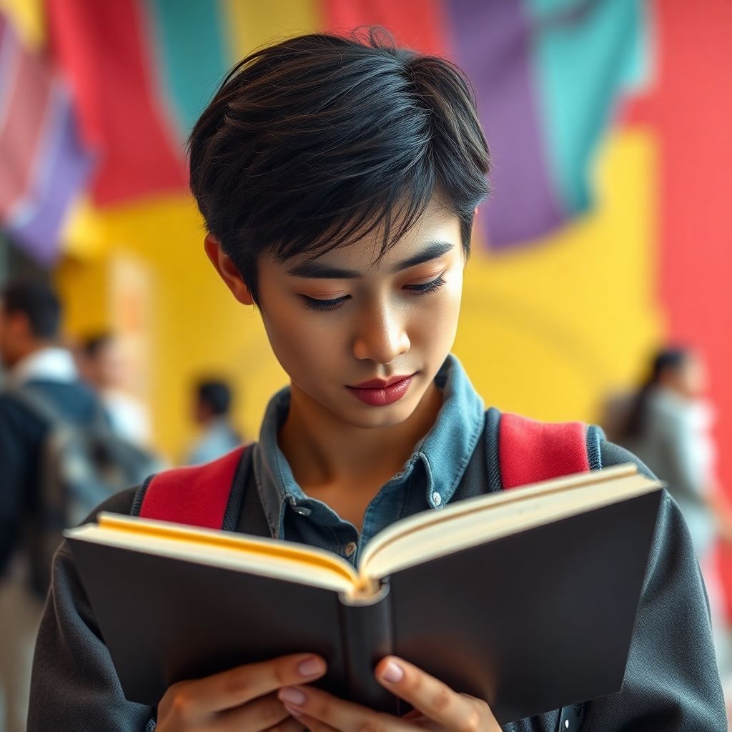 University student reading in vibrant, colorful environment.