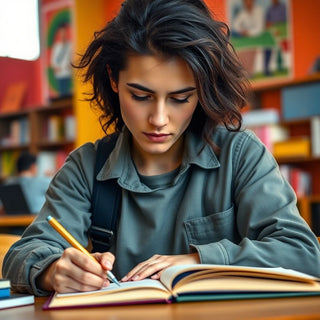 University student writing in a vibrant study environment.