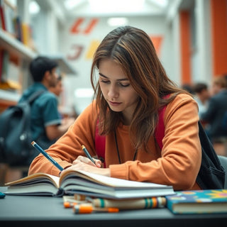 University student writing in a vibrant study environment.