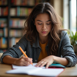 University student writing in a vibrant study environment.