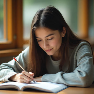 Estudante universitário escrevendo em um ambiente vibrante.